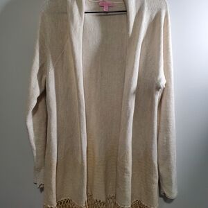 Lilly Pulizer Gold And Cream Long Cardigan With Fringe Size XL
